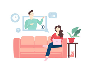 Webinar concept. Woman watching online webinar using her laptop at home. Distance lectures in internet. Online education. Vector flat cartoon illustration
