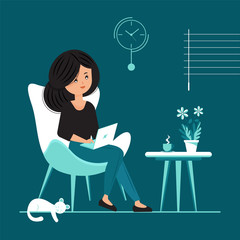 Illustration of a girl sitting on the chair with laptop, his cute little white pet cat is sleeping at home. Freelance or study concept.