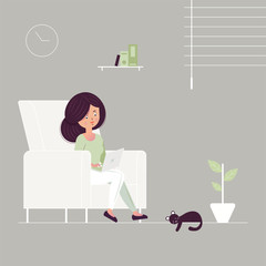 Illustration of a girl sitting on the sofa with laptop and working online at home in quarantine. Freelancing or study concept.