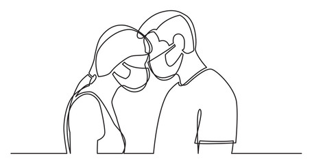 continuous line drawing of loving couple of man and woman in protective masks standing together