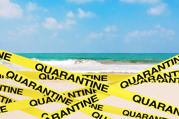 Quarantine Yellow Tape Strips Enclose Zone of the Ocean or Sea Sand Beach. 3d Rendering
