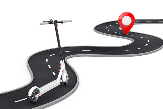White Modern Eco Electric Kick Scooter Follow Over Winding Road to Destination Red Pin Target Pointer in the End of Road. 3d Rendering