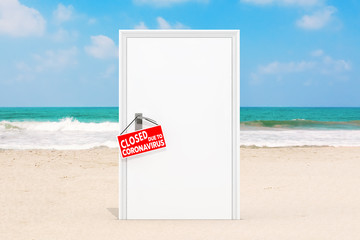 Closed White Door on the Ocean or Sea Sand Beach by Reason of Coronavirus 2019-nCoV COVID-19 Quarantine. 3d Rendering