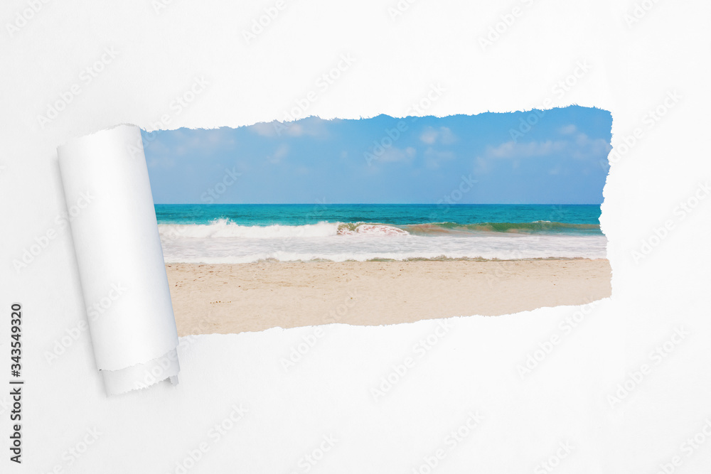 Aufkleber sand ocean or sea beach in the hole of torn white paper. 3d rendering