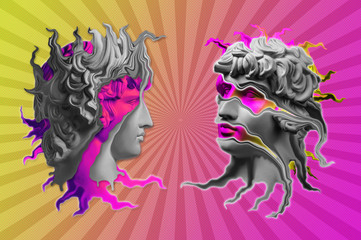Collage with plaster antique sculpture of human face in a pop art style. Creative concept colorful neon image with ancient statue head. Cyberpunk, webpunk and surreal style poster.
