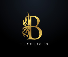 Gold Luxury letter B Floral logo. Vintage drawn emblem for book design, weeding card, brand name, business card, Restaurant, Boutique, Hotel. 