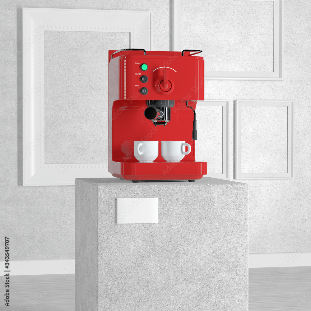 Poster Espresso Coffee Making Machine over Pedestal, Stage, Podium or Column in Art Gallery or Museum. 3d Rendering