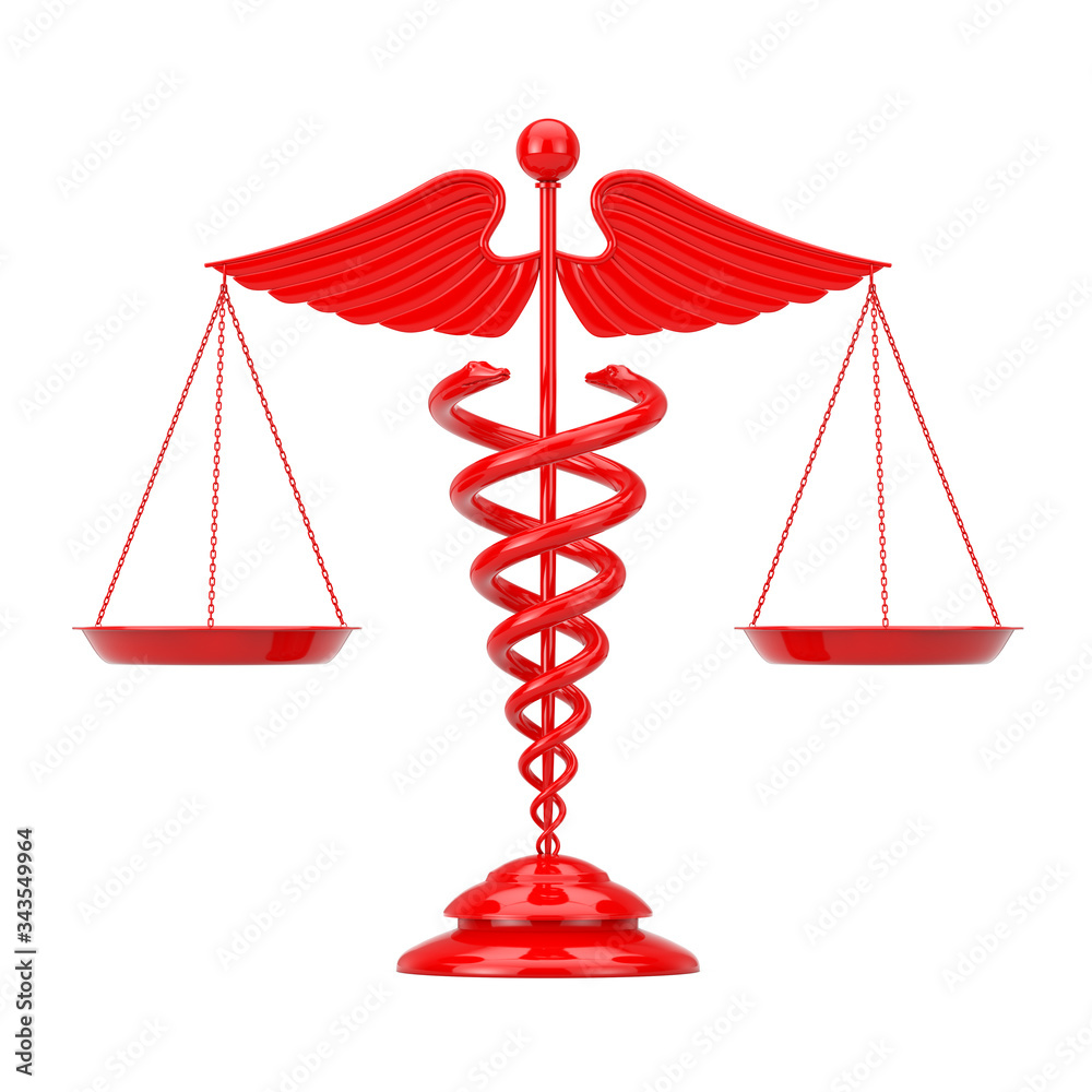 Poster red medical caduceus symbol as scales. 3d rendering