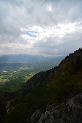 the Rhine and the Principality of Liechtenstein from above with a blue sky and clouds