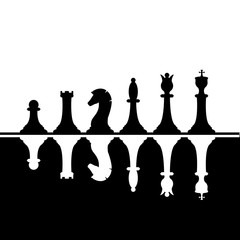 Set of black and white chess pieces. White chess pieces reflected from black. Chess strategy and tactic. Vector illustration