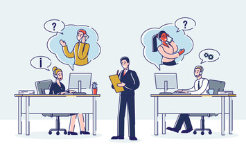 Online Support And Call center Concept. People In Headphones Working In the Office. Call center Operators Consult Customers And Share An Information. Cartoon Linear Outline Flat Vector Illustration