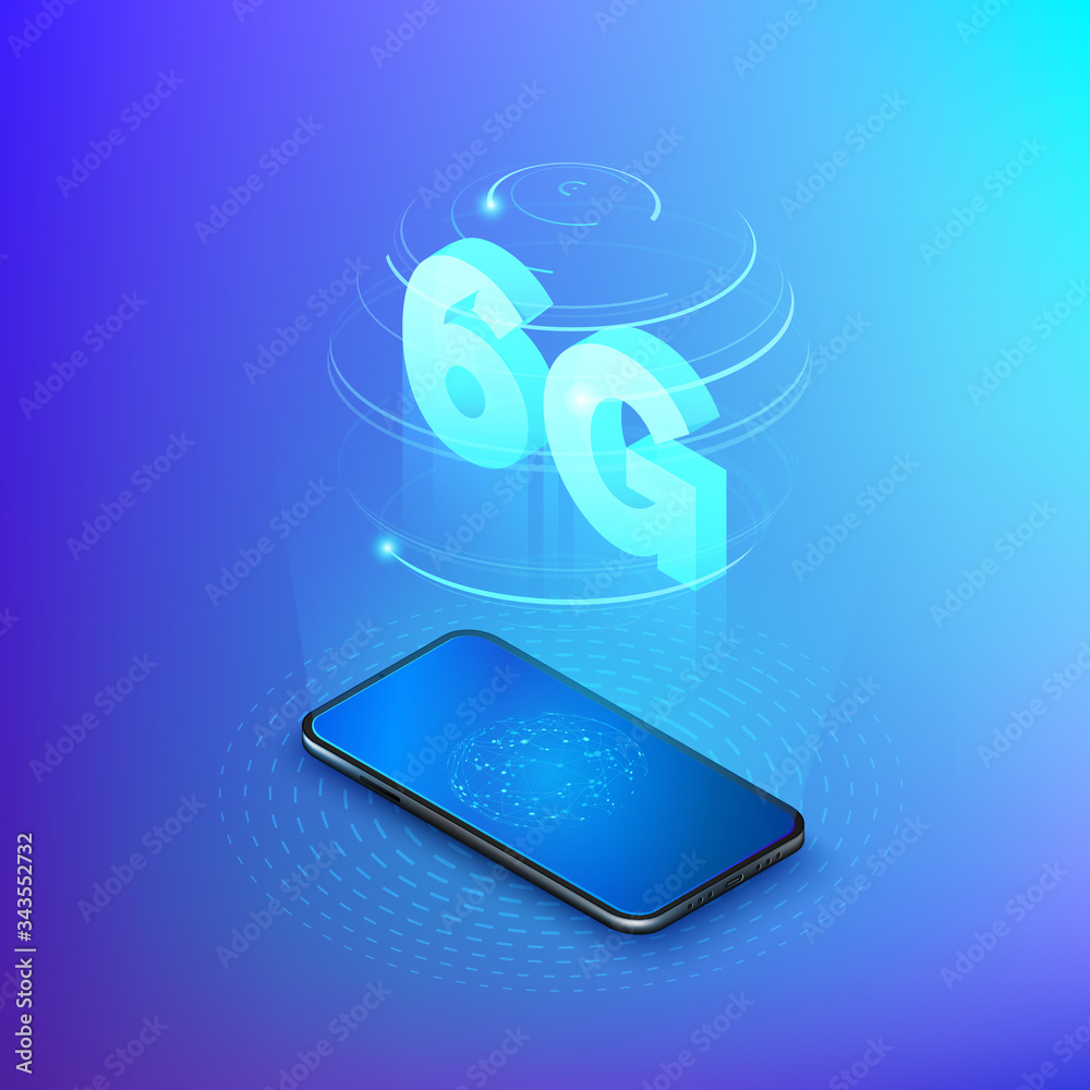Poster 6g fast mobile networks. mobile phone with global network on screen and hologram of wireless network