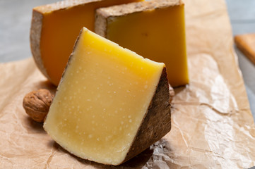 French cheese Comte, three varieties 1 year matured Prestige, fruity flavoured Fruite and Vieille Reserve