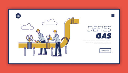 Website Landing Page. Group Of Operators Monitoring And Control Of Gas And Oil Transportation Based on Pressure Gauge Readings In Pipeline. Web Page Cartoon Linear Outline Flat Vector Illustration