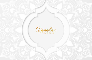 Ramadan kareem background with gold mandala and white paper cut ornament. Vector illustration for Islamic holy month celebrations. Place for your text