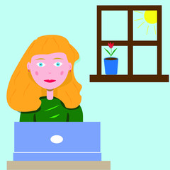 Blond girl work at home. Comfort self isolation. Lady sitting at the laptop. Young woman do her job online. Work during the quarantine. Stay home. Flower on the windowsill. Vector illustration.