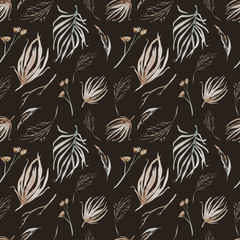 Boho seamless pattern watercolor elements of savanna gold flowers collection garden red, burgundy flower, leaves, branches, Botanic illustration background wedding decor