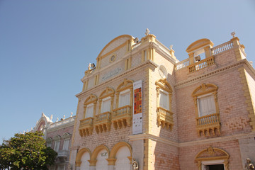 The famous Heredia Theater in the center of Cartagena. Officially Adolfo Mejia Theater, located inside the walled area of Cartagena. Its construction is 1906. Cartagena de Indias, Colombia