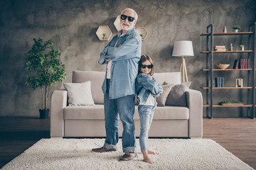 Photo of two people funky grandpa small nice granddaughter cool stylish trendy sun specs denim...