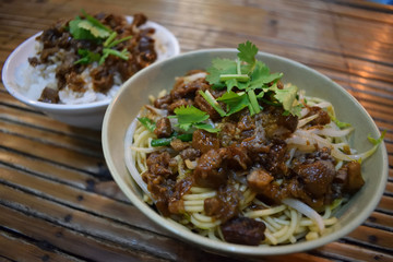 Minced pork noodles Lu Rou Mian and minced pork rice Lu Rou Fan in Tainan, Taiwan