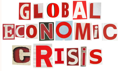 Global economic crisis text made of newspaper clippings