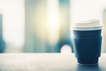 Background of black coffee cup refreshing enjoy morning before work from home video conference call meeting with cafe rooftop traffic view from window during coronavirus covid city lockdown quarantine