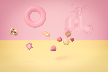 3d rendering of different objects and geometric shapes flying out of pink faucet on double-colored pastel pink and yellow background.