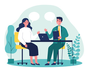 Candidate and HR manager having job interview. Business man and woman meeting at table, talking with speech bubbles. Vector illustration for conversation, career, human resource concept