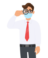 Young businessman wearing medical mask and looking through magnifying glass. Trendy person in eye glasses holding magnifier. Modern lifestyle. Male character illustration design in vector cartoon.