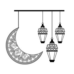 monochrome moon and lanterns hanging ramadan kareem