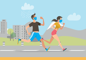 Fototapeta na wymiar Active people in face masks running outdoors. Man and woman jogging during coronavirus outbreak. Vector illustration for fitness, exercising, epidemic concept