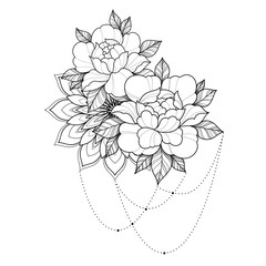 Linear hand drawing flowers with mandala for greeting card, invitation, Henna drawing and tattoo template. Vector illustration