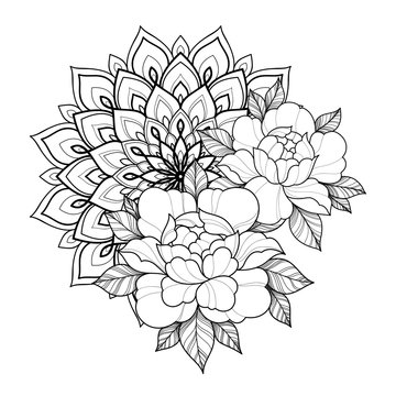 Linear hand drawing flowers with mandala for greeting card, invitation, Henna drawing and tattoo template. Vector illustration