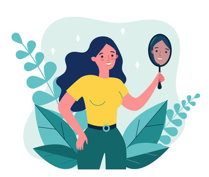 Self Centered Woman Suffering From Narcissism. Smiling Girl Looking At Herself In Mirror. Vector Illustration For Ego, Psychology, Reflection Concept