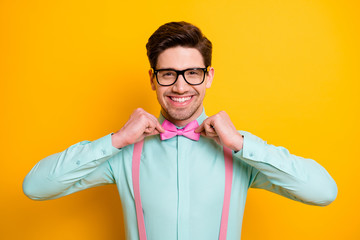 Portrait of attractive cheerful guy touch bow tie prepare for valentine day date wear stylish...
