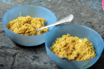 bowl of noodles in mountains