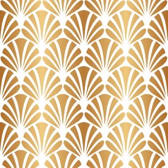 Gold shell seamless pattern. Golden fan ornate background. Elegant gold scale ornament. Abstract stylish floral golden motif for design textile, interior, cases, prints. Classic great style. Vector 