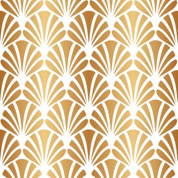 Gold shell seamless pattern. Golden fan ornate background. Elegant gold scale ornament. Abstract stylish floral golden motif for design textile, interior, cases, prints. Classic great style. Vector 