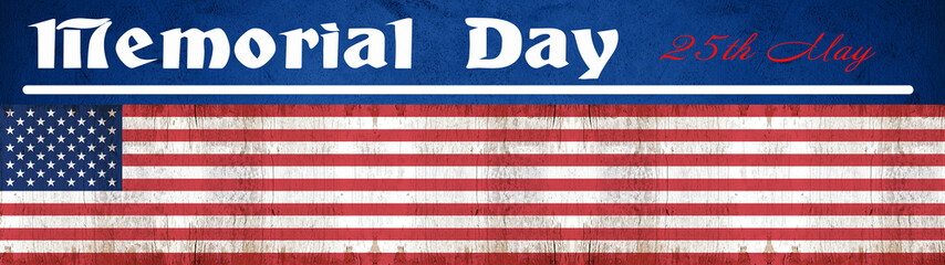 Memorial Day background banner Panorama - Flag of united states and white lettering isolated on blue dark rustic texture