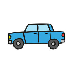 Cartoon blue car icon. Side view. Hand drawn vector graphic illustration. Isolated object on a white background. Isolate.