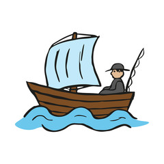 Fisherman on a sailing boat. Side view. Hand drawn vector graphic illustration. Isolated object on a white background. Isolate.