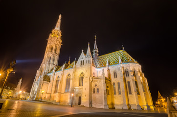 Matthias Church, a famous landmark in Budapest, Hungary by night.