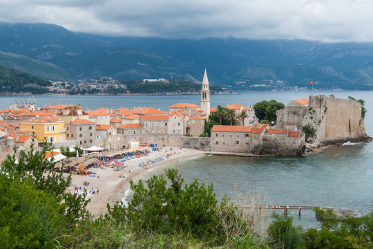 Budva old town and beach seascape view at Kotor Bay in  Montenegro  - Powered by Adobe