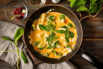 eggs with broccoli and spinach  in a pan on a dark wooden background, delicious  Breakfast, top view