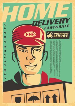 Delivery service fast and safe. Home delivery ad or poster template with young man holding the package box at the door step. Vector image design.