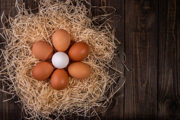 Fresh chicken eggs in a nest of hay on a wooden background. Copy space. Space for text
