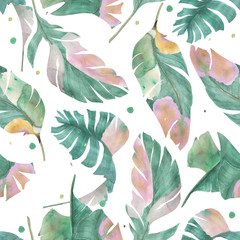Watercolor painting seamless pattern with tropical banana leaves