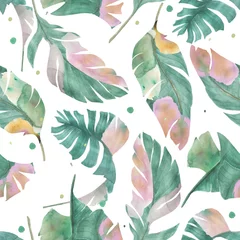 Wall murals Watercolor leaves Watercolor painting seamless pattern with tropical banana leaves