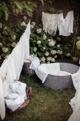 street washing in the yard summer hot white linen basin wash rope twine clothespins