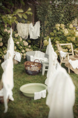 street washing in the yard summer hot white linen basin wash rope twine clothespins